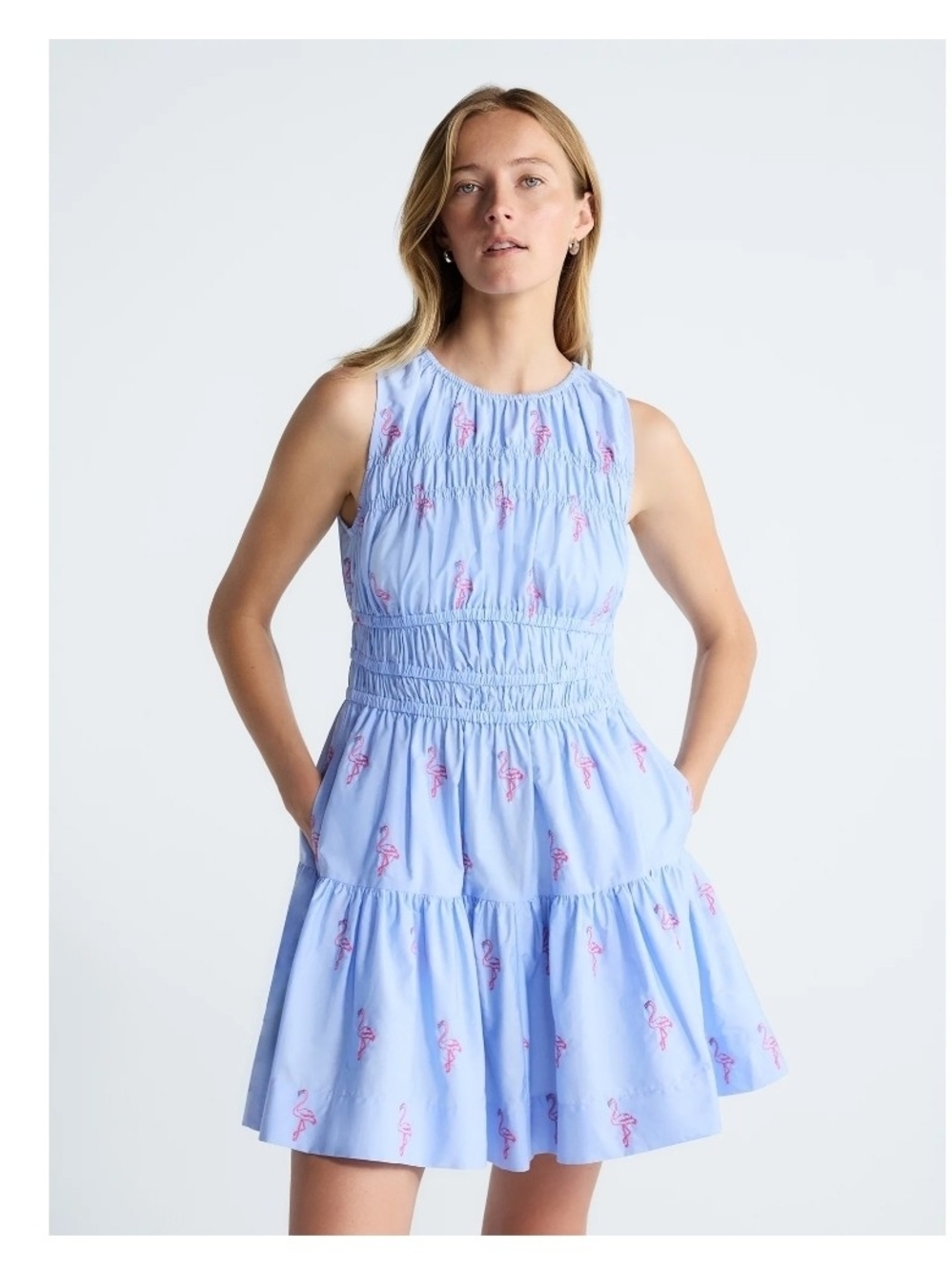 Sleeveless Smocked Cotton Drop Tiered Waist Mini Dress Pink Embroidery Flamingo